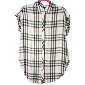 BUFFALO DAVID BITTON KHAKI BLUSH PINK & WHITE PLAID TOP SIZE MEDIUM